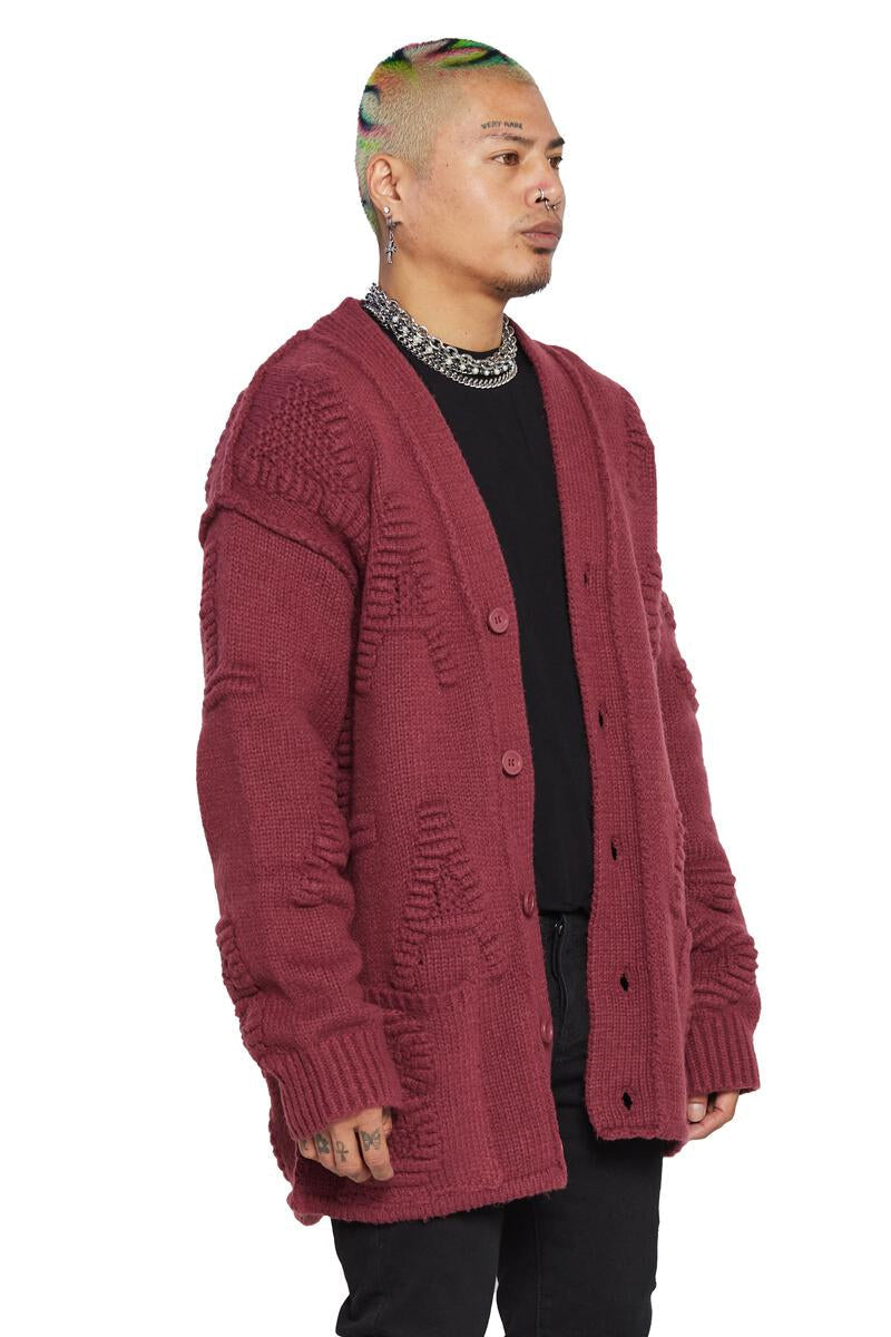 VALABASAS 6TH NBRHD WOVEN KNIT CARDIGAN (BURGUNDANY)