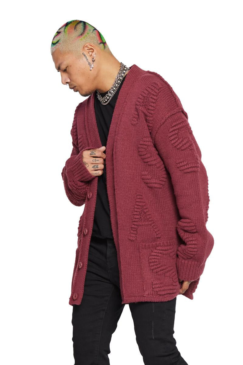 VALABASAS 6TH NBRHD WOVEN KNIT CARDIGAN (BURGUNDANY)