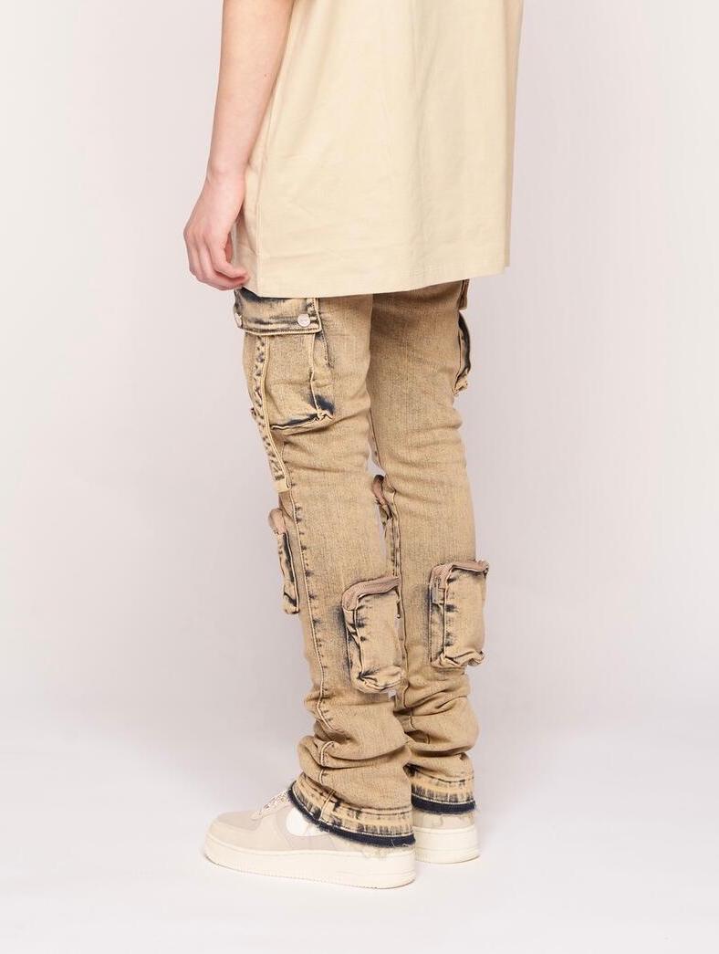 Pheelings NEVER LOOK BACK CARGO FLARE STACK DENIM (MEDIUM BLUE SAND)