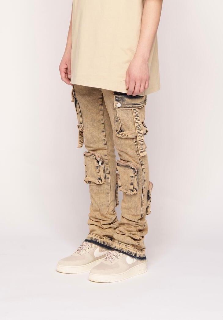 Pheelings NEVER LOOK BACK CARGO FLARE STACK DENIM (MEDIUM BLUE SAND)