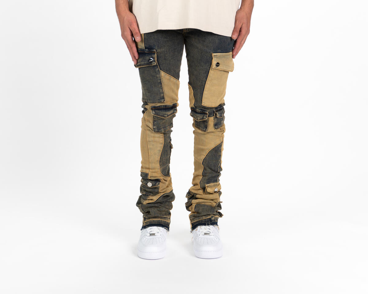 Pheelings MY PLEASURE CARGO FLARE STACK DENIM (SAND/MEDIUM BLUE)