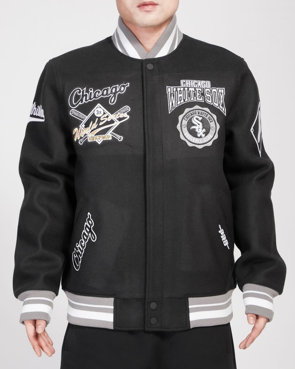 PRO STANDARD CHICAGO WHITE SOX CREST EMBLEM RIB WOOL VARSITY JACKET (BLACK/GRAY)