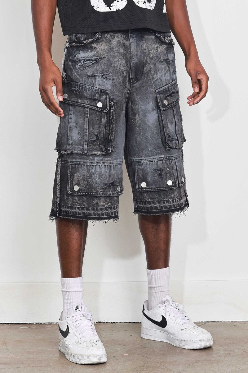 First Row WASHED MULTI CARGO DENIM JORTS