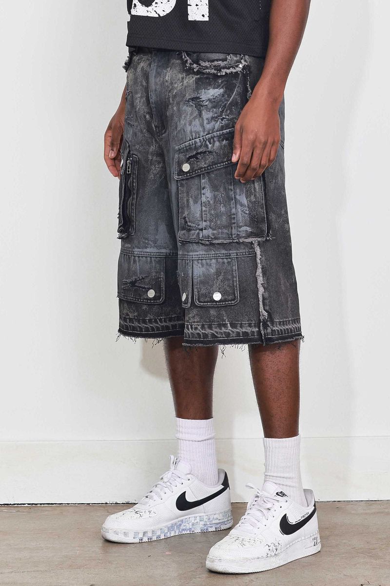 First Row WASHED MULTI CARGO DENIM JORTS