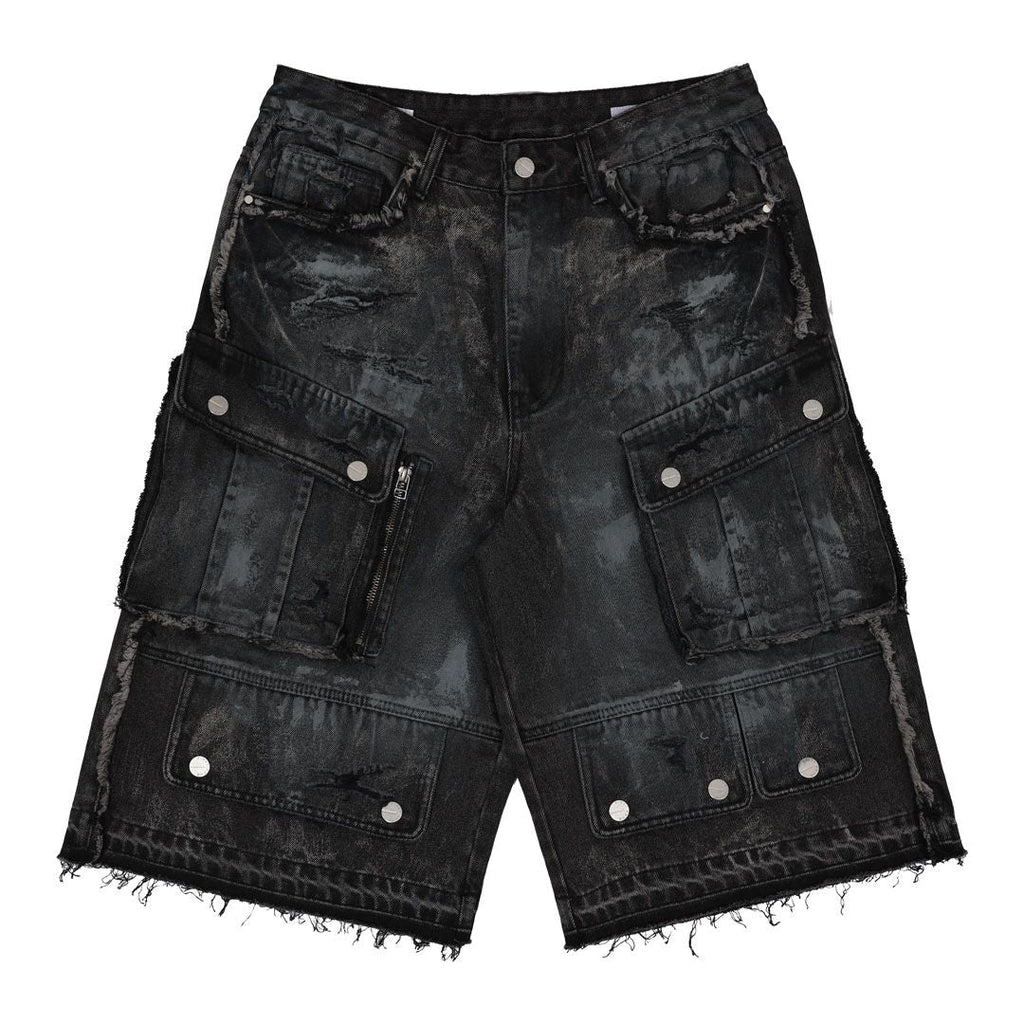First Row WASHED MULTI CARGO DENIM JORTS