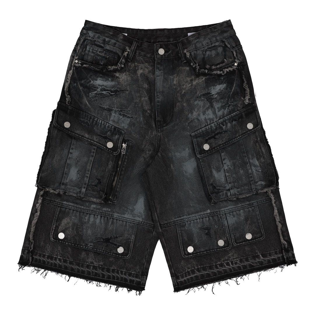 First Row WASHED MULTI CARGO DENIM JORTS