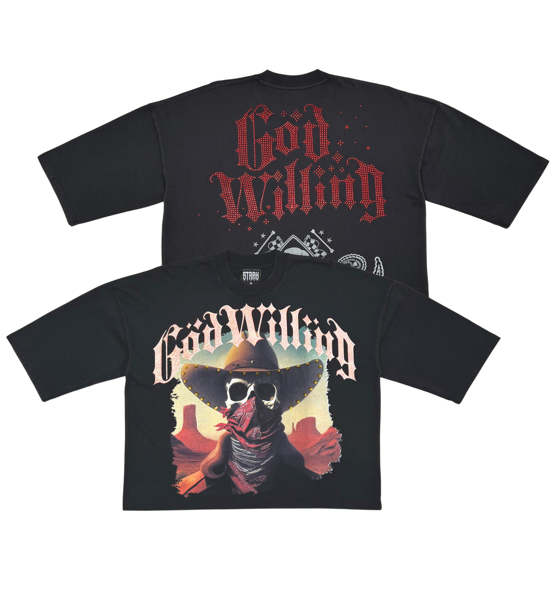 Stray wide & crop fit w/ 3/4 sleeve tshirt (BLACK)