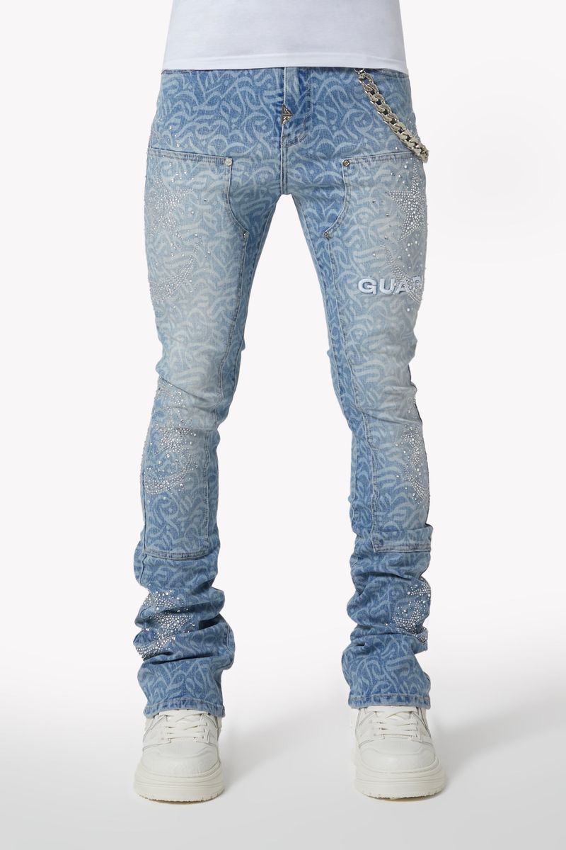 GUAPI Aqua Blue Calligraphy Denim